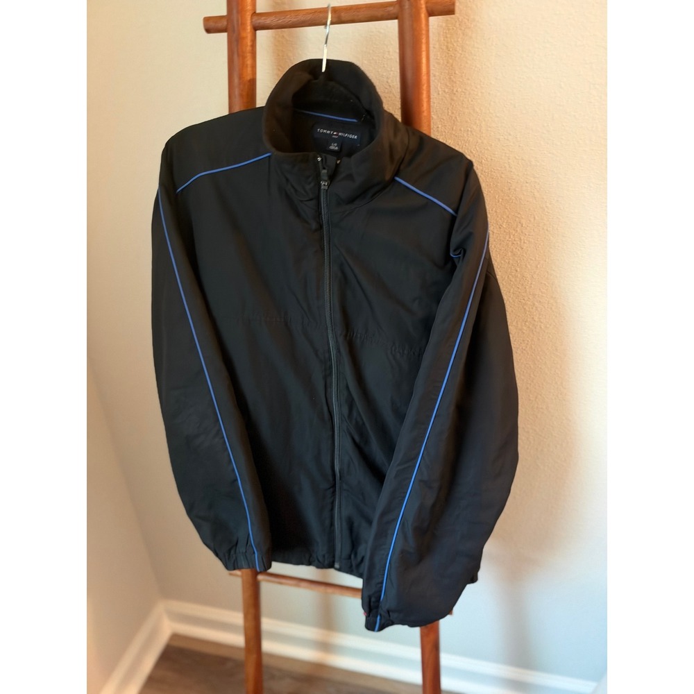 Tommy Hilfiger Golf Womens Large Black Full Zip Windbreaker Jacket Blue Piping